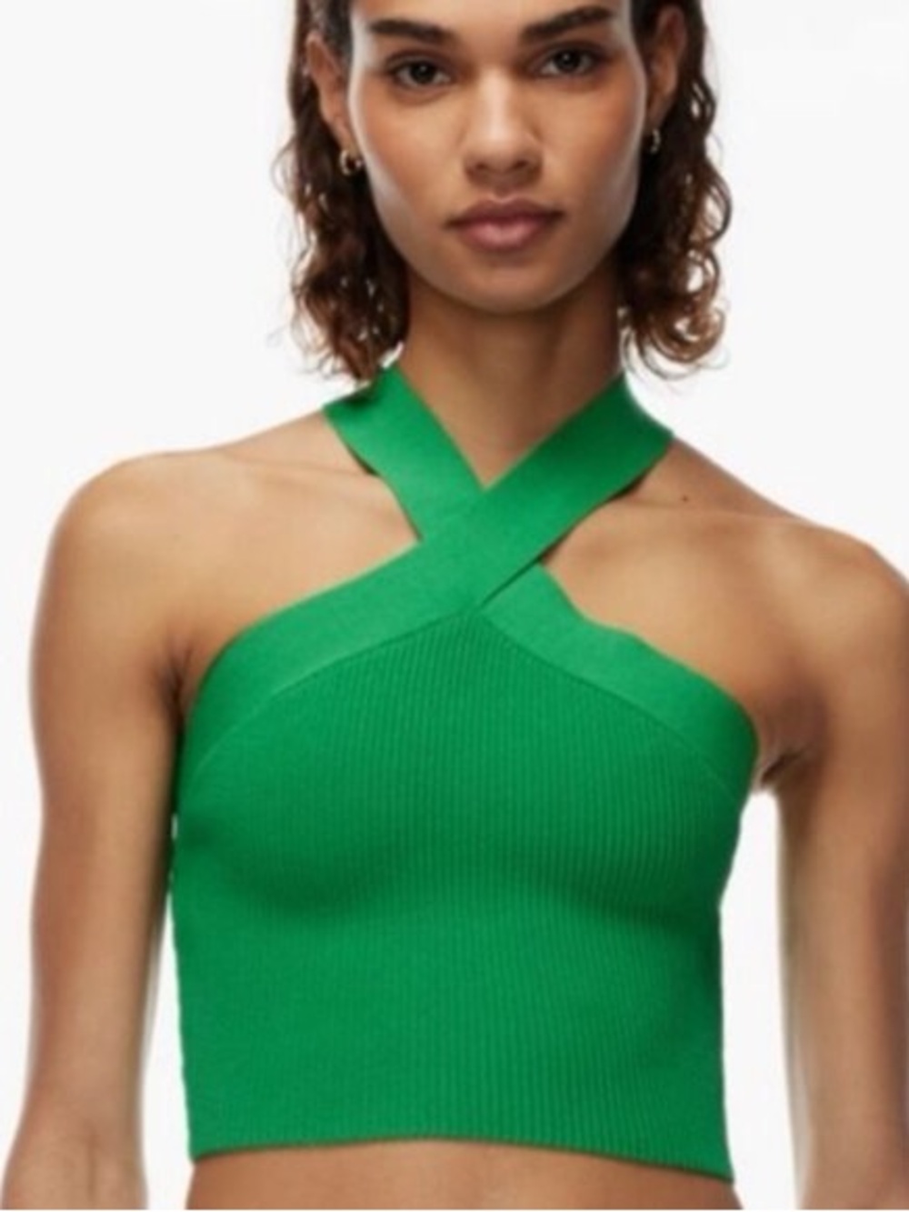 ZARA Emerald Green Ribbed Cross Strap Crop Top Size Large